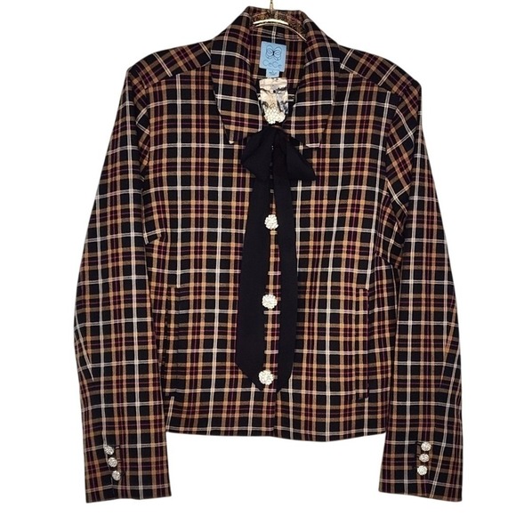 CeCe Jackets & Blazers - CeCe Plaid Blazer Jacket Black Tan Pink Rhinestone Button Front Women's Large‎